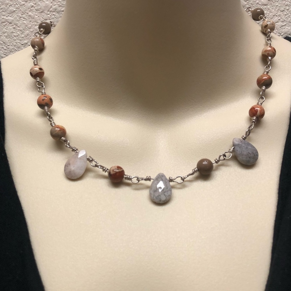 Neutral Brown and Gray Beaded Teardrop Necklace - Unbranded